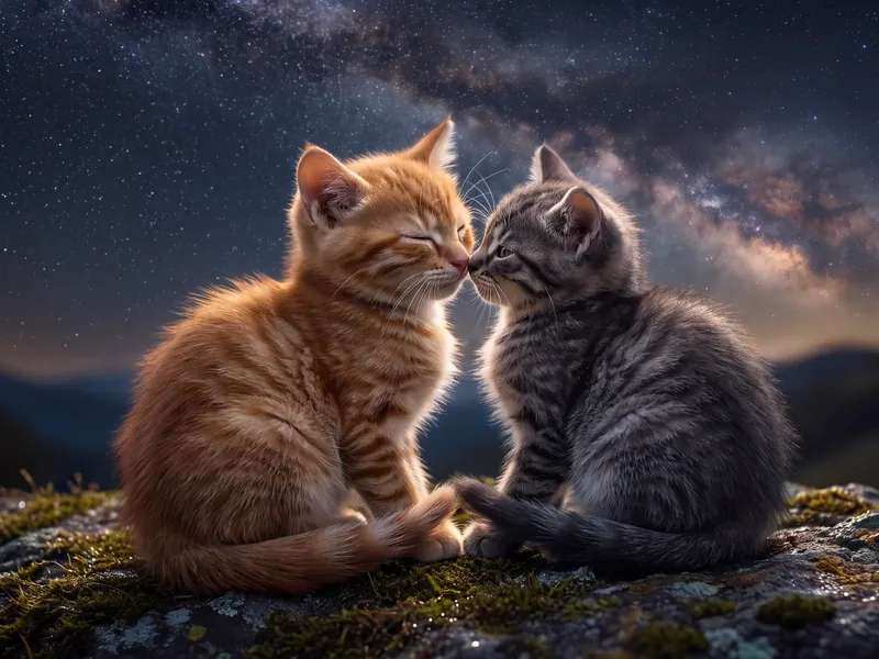 Ginger and Slate, Paws Entwined at Dusk