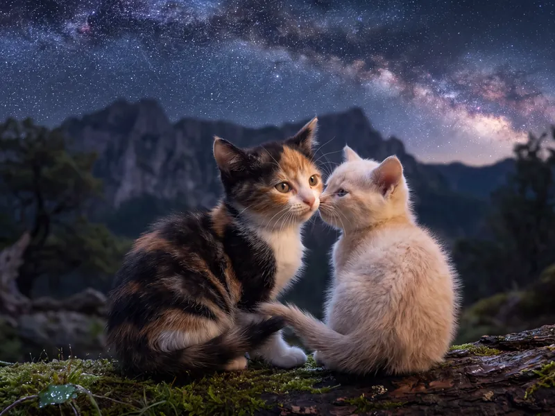 Calico Meets Cream Under the Milky Way