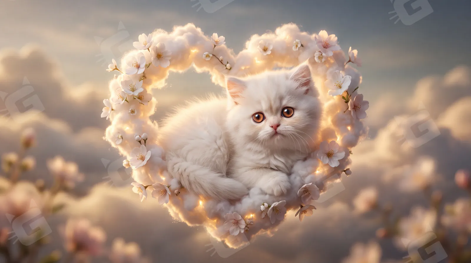 Eternal Embrace Persian Kitten in Cherry Blossom Heart Wreath