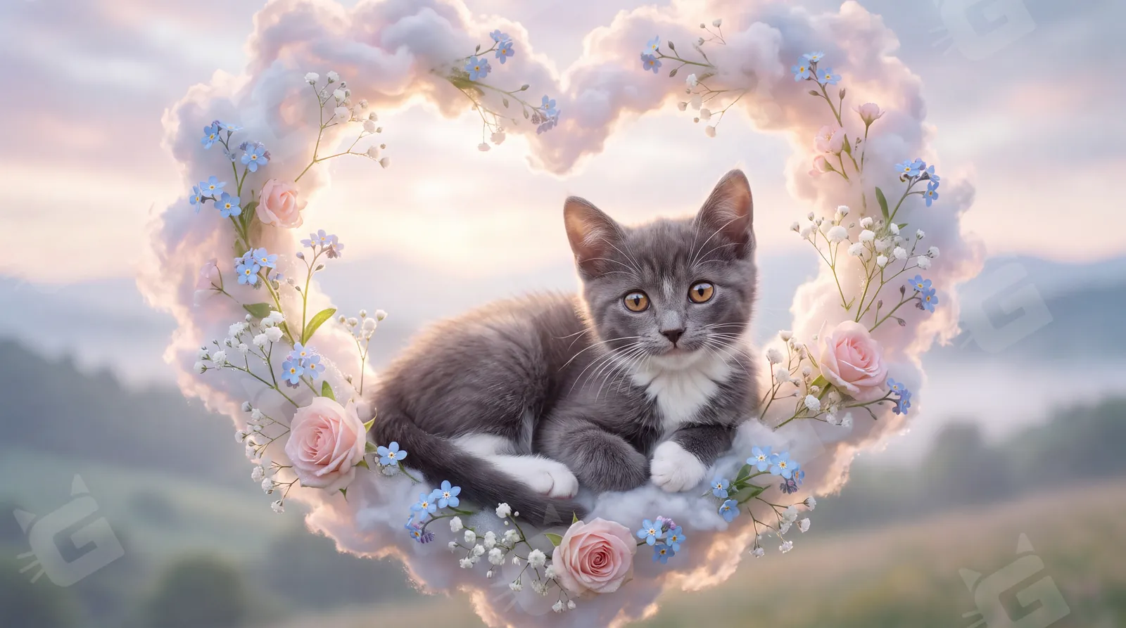 Forget-Me-Not Heart Wreath Gray Tuxedo Kitten Keepsake