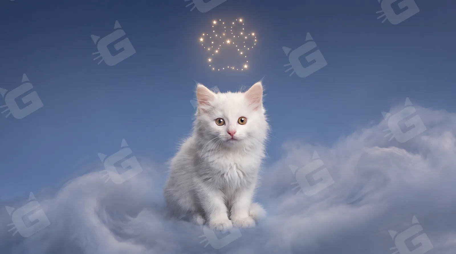 Guiding Light Angora Kitten Beneath the Paw Print Stars