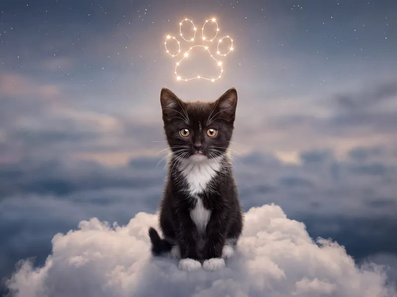 Black Tuxedo Kitten Halo of Stars Paw Print Tribute