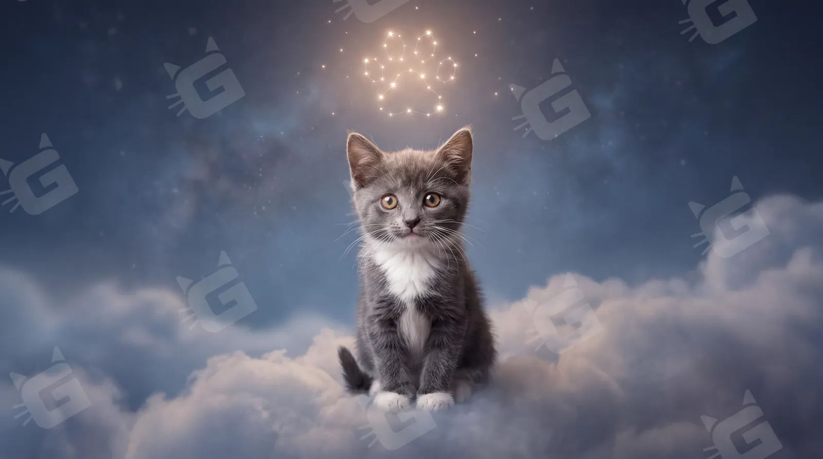 Gray Tuxedo Kitten Starlit Paw Print Vigil