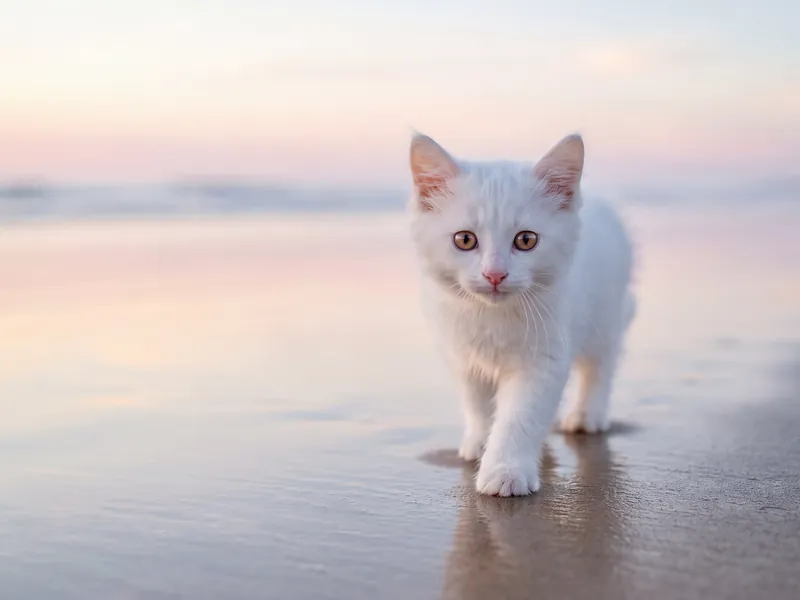 Angora Kitten Along the Quiet Shore at Dusk