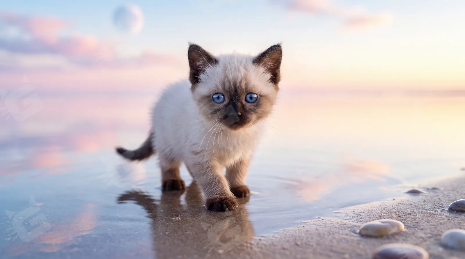 Siamese Kitten Blue-Eyed Beach Wanderer at Dusk