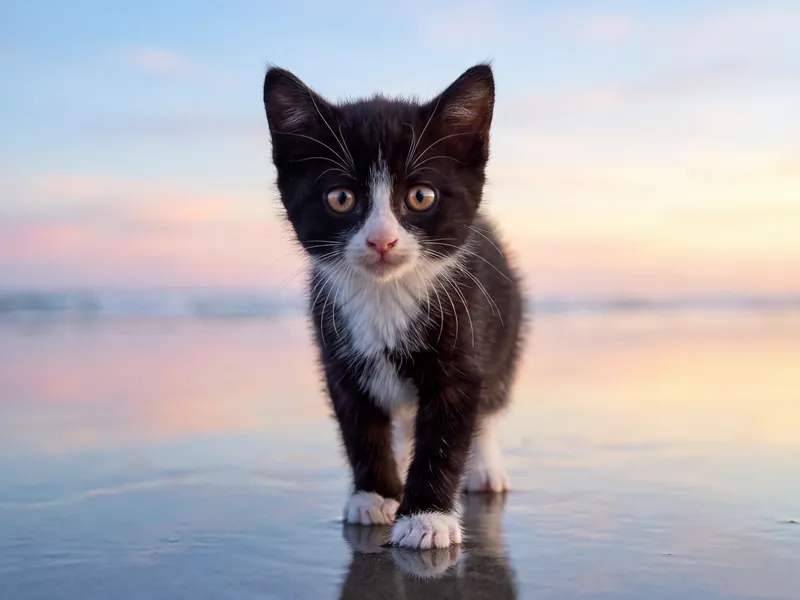 Tuxedo Kitten Last Light Shoreline Farewell