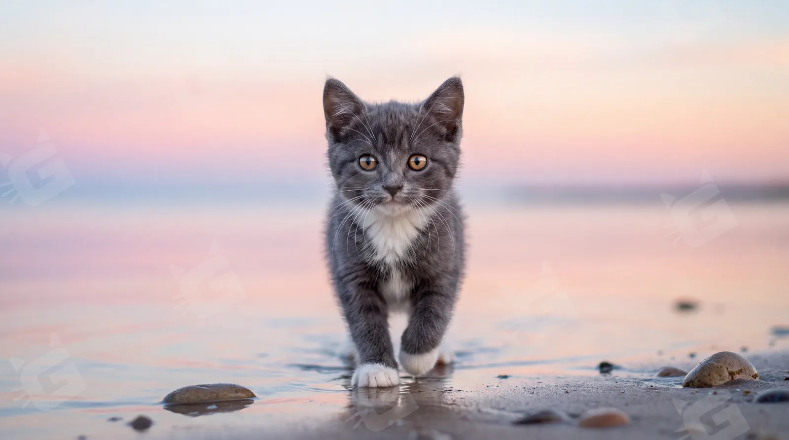Gray Tuxedo Kitten Quiet Tide Reflection